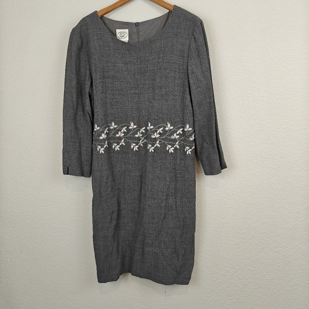 Laura Ashley VTG Wool Blend 3/4 Sleeve Office Boss Babe Pencil Dress Grey Sz 14